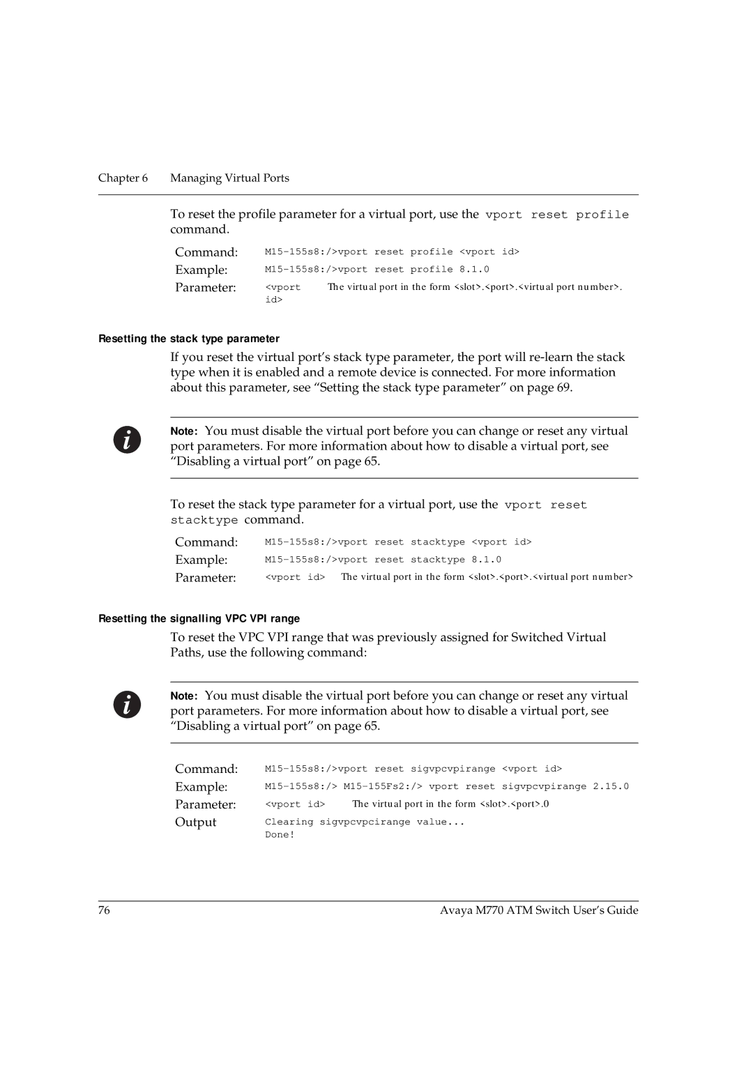 Avaya M770 manual Resetting the stack type parameter, Resetting the signalling VPC VPI range 