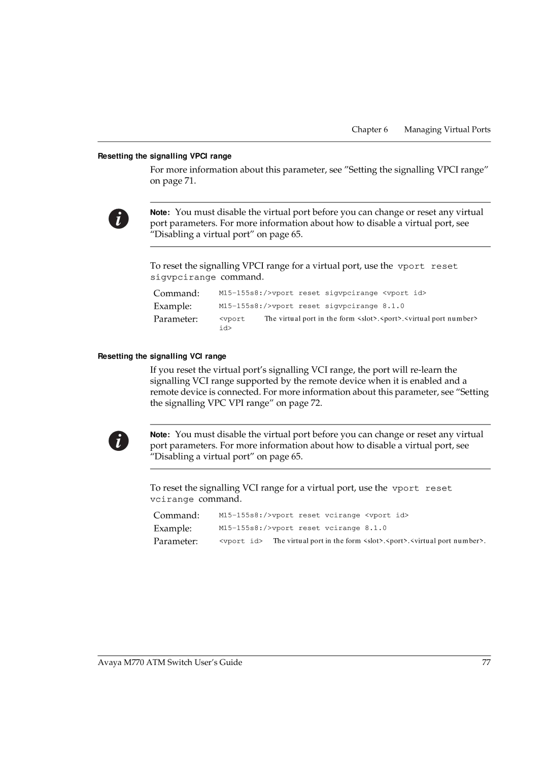 Avaya M770 manual Resetting the signalling Vpci range, Resetting the signalling VCI range 