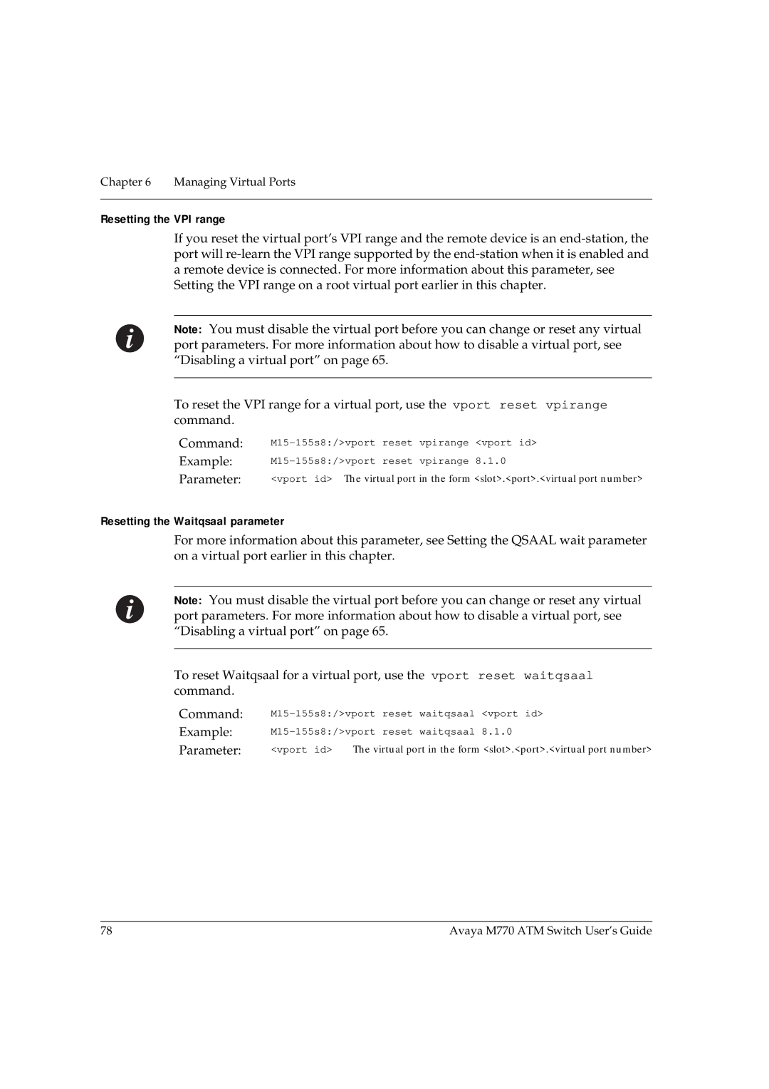 Avaya M770 manual Resetting the VPI range, Resetting the Waitqsaal parameter 