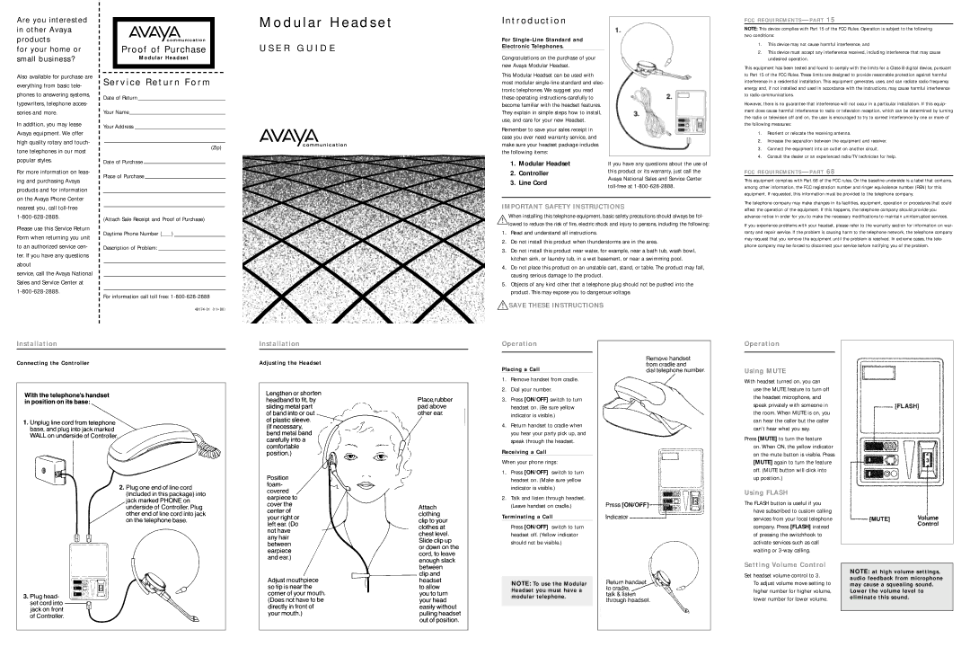 Avaya Modular Headset important safety instructions Installation, Operation Using Mute, Using Flash 