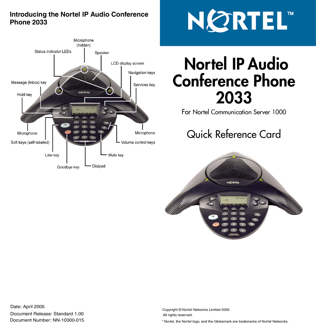 Avaya NN-10300-015 manual Nortel IP Audio Conference Phone 2033, Quick Reference Card 