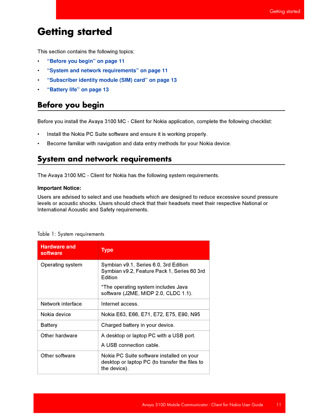 Avaya 3100, NN42030-102 manual Getting started, Before you begin, System and network requirements, Important Notice 