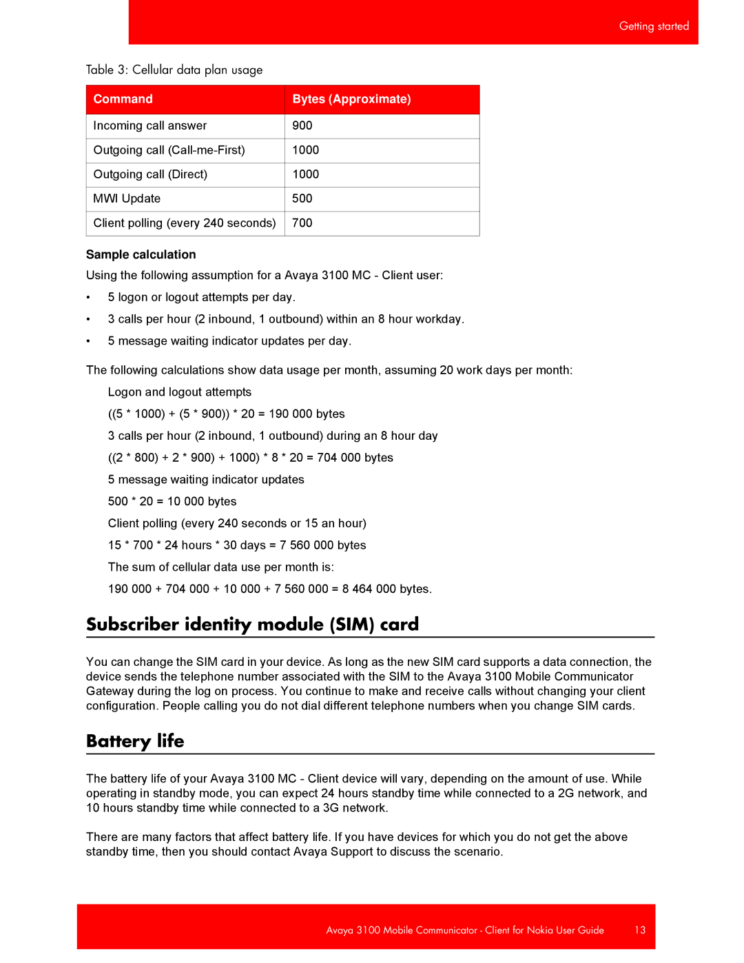 Avaya 3100, NN42030-102 manual Subscriber identity module SIM card, Battery life, Sample calculation 