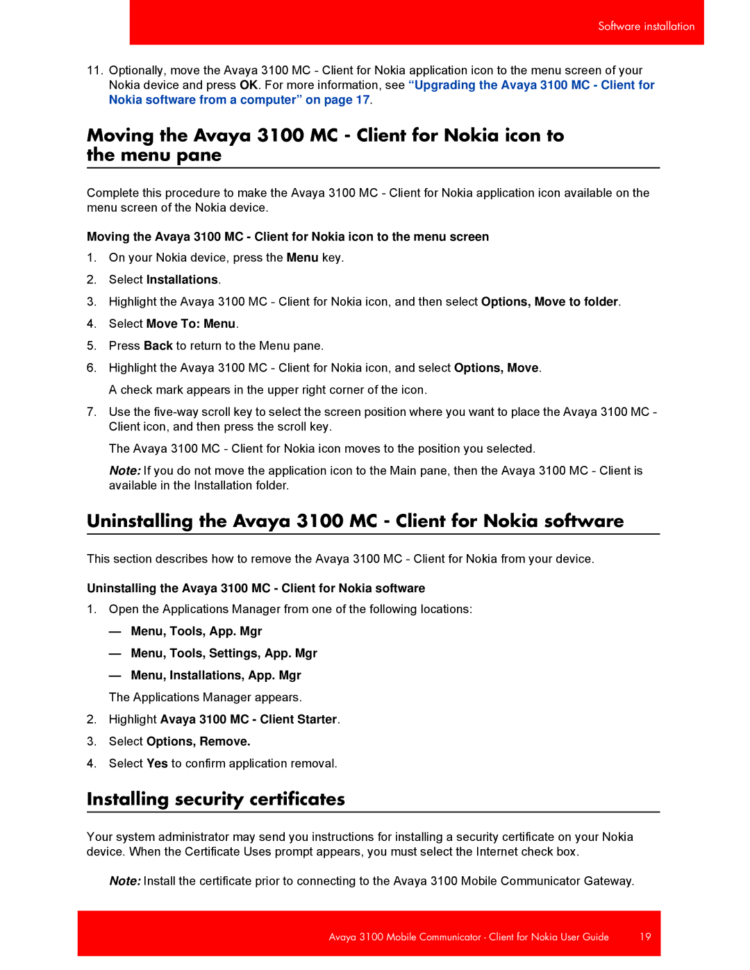 Avaya Uninstalling the Avaya 3100 MC Client for Nokia software, Installing security certificates, Select Installations 