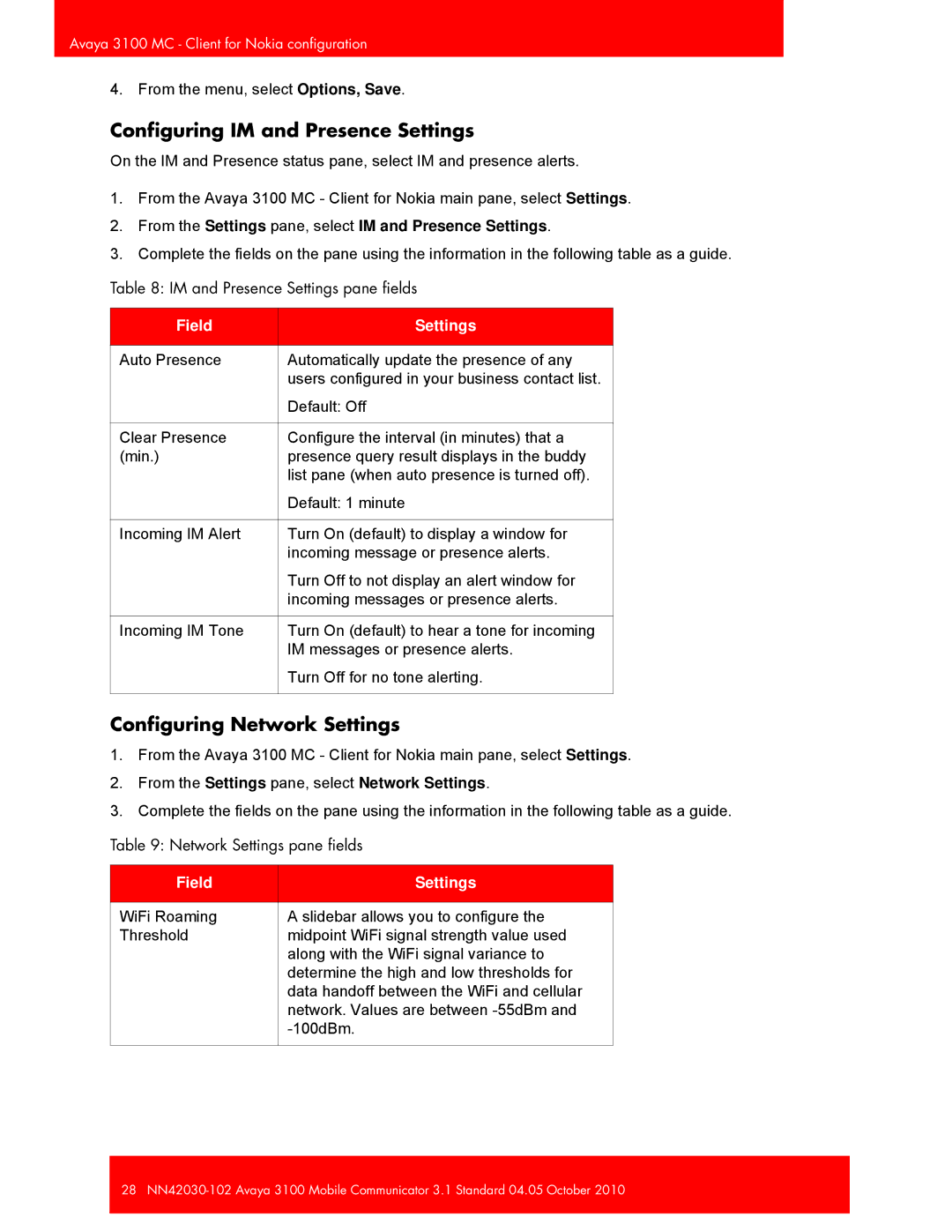 Avaya NN42030-102, 3100 manual Configuring IM and Presence Settings, Configuring Network Settings 