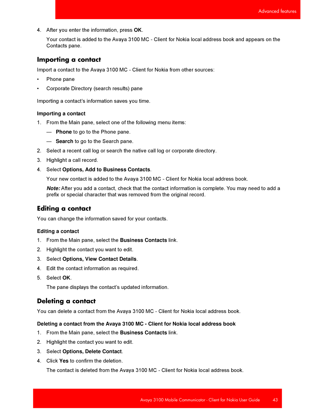 Avaya 3100, NN42030-102 manual Importing a contact, Editing a contact, Deleting a contact 