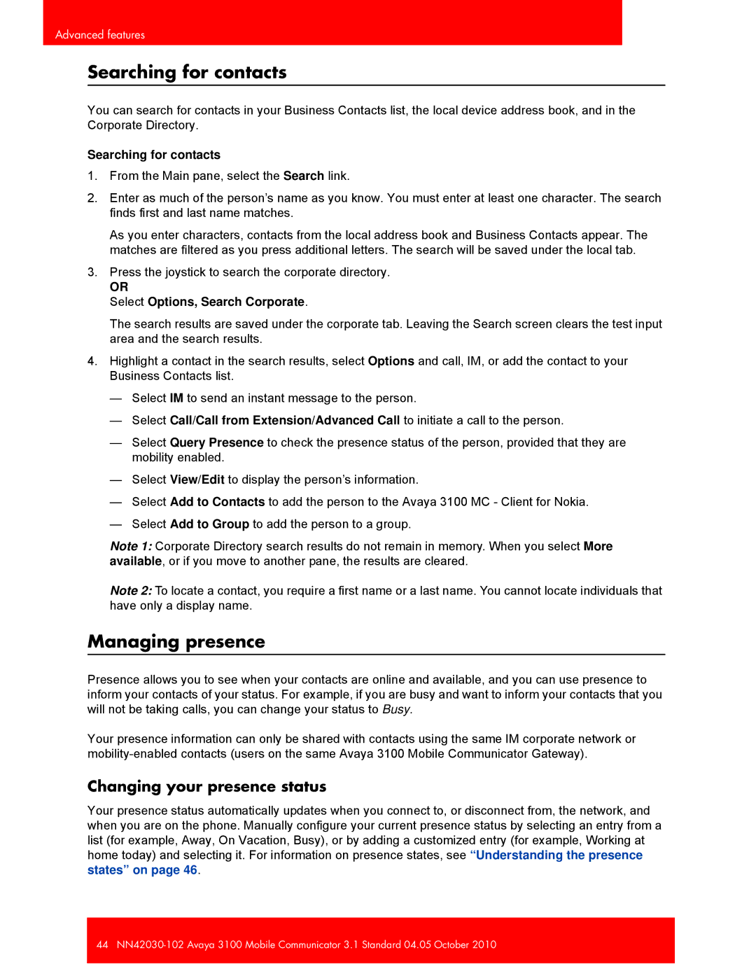 Avaya NN42030-102, 3100 manual Searching for contacts, Managing presence, Changing your presence status 