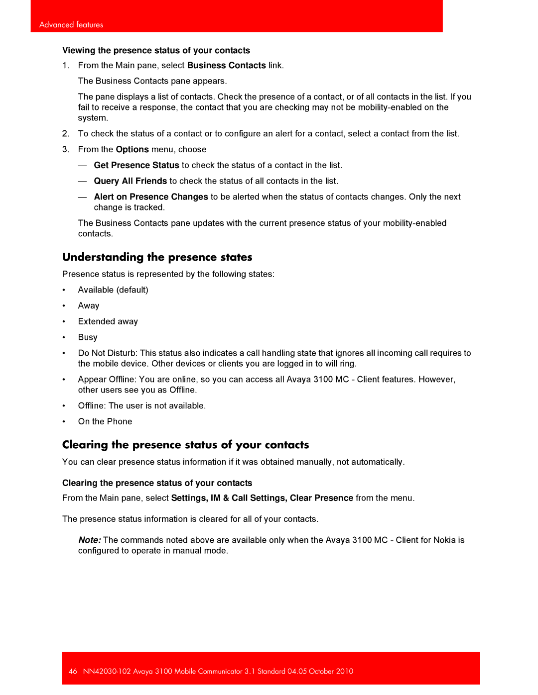Avaya NN42030-102, 3100 manual Understanding the presence states, Clearing the presence status of your contacts 