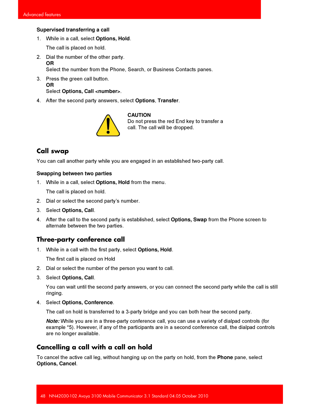 Avaya NN42030-102, 3100 manual Call swap, Three-party conference call, Cancelling a call with a call on hold 