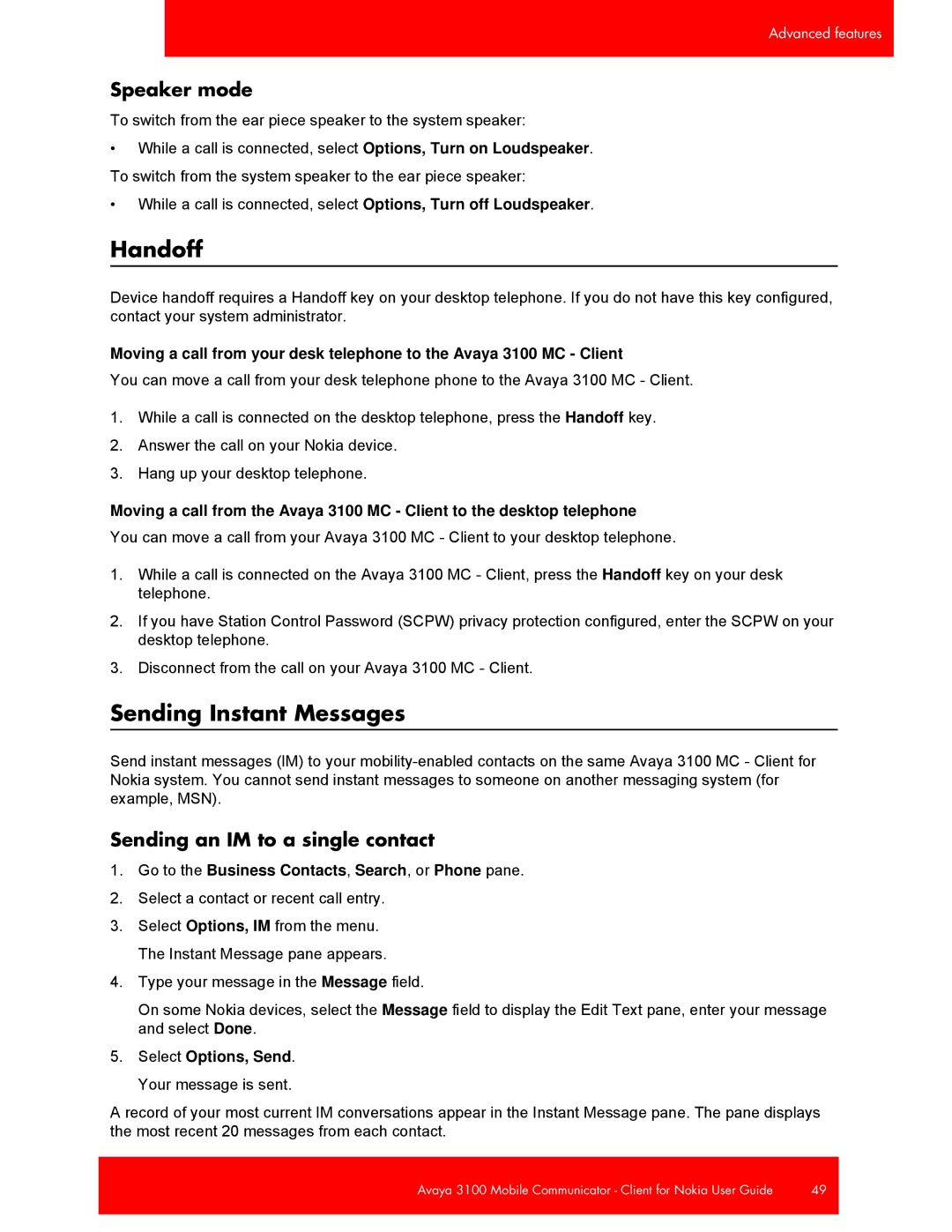 Avaya 3100, NN42030-102 manual Handoff, Sending Instant Messages, Speaker mode, Sending an IM to a single contact 