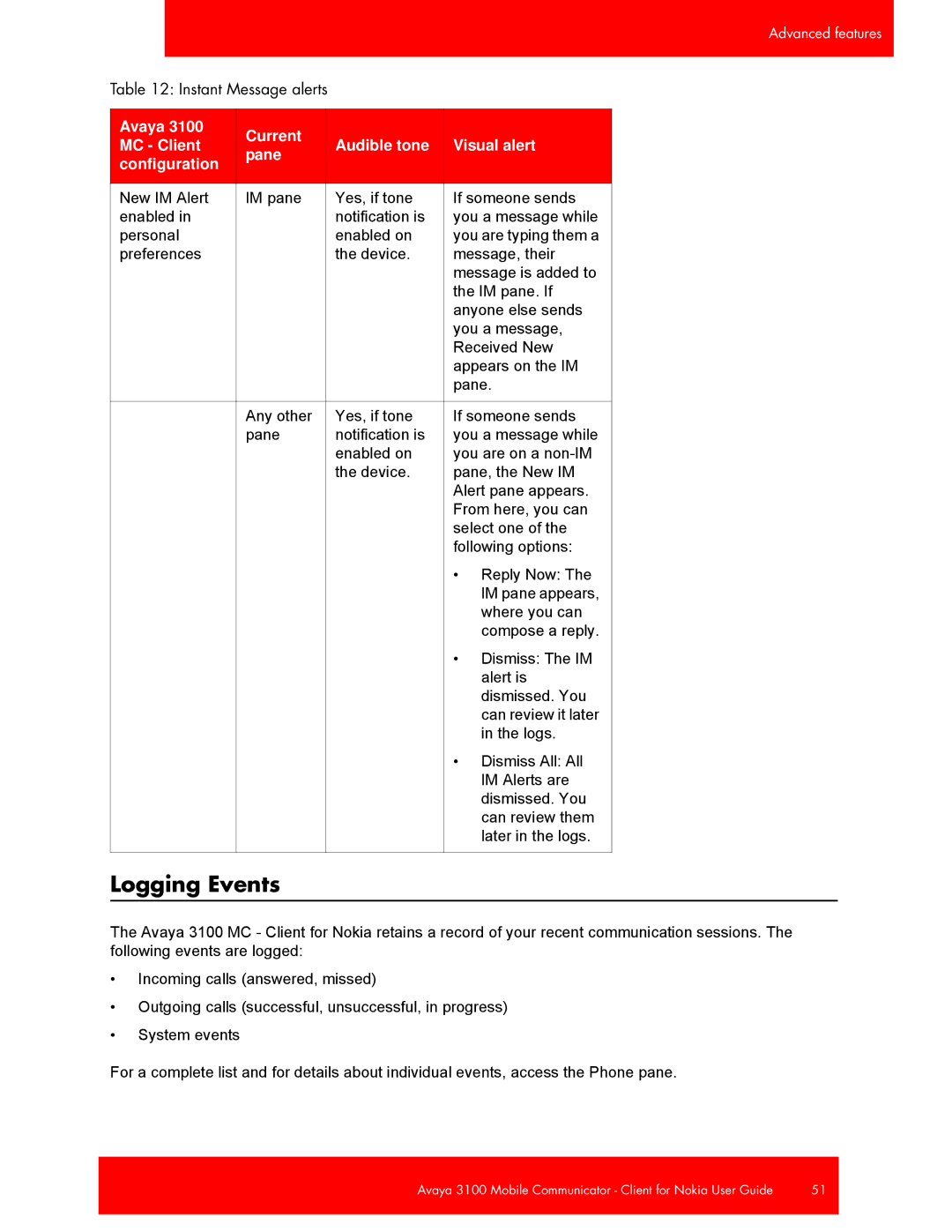 Avaya 3100, NN42030-102 manual Logging Events 