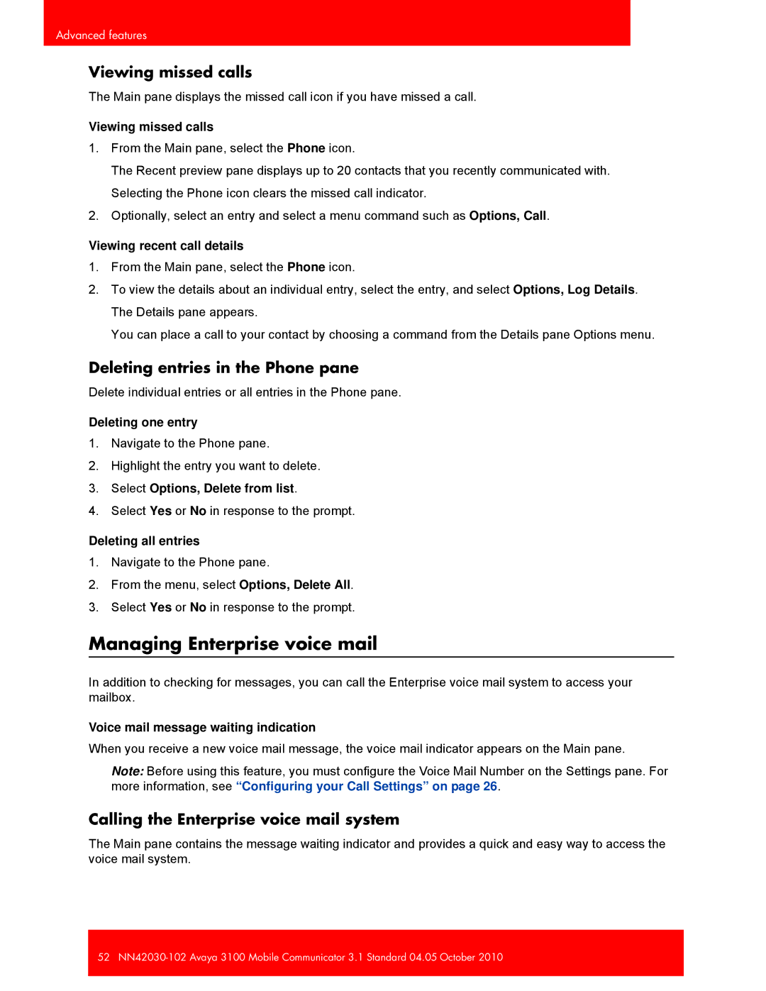 Avaya NN42030-102, 3100 manual Managing Enterprise voice mail, Viewing missed calls, Deleting entries in the Phone pane 
