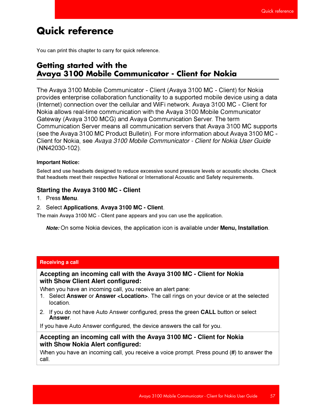 Avaya NN42030-102 manual Quick reference, Starting the Avaya 3100 MC Client 