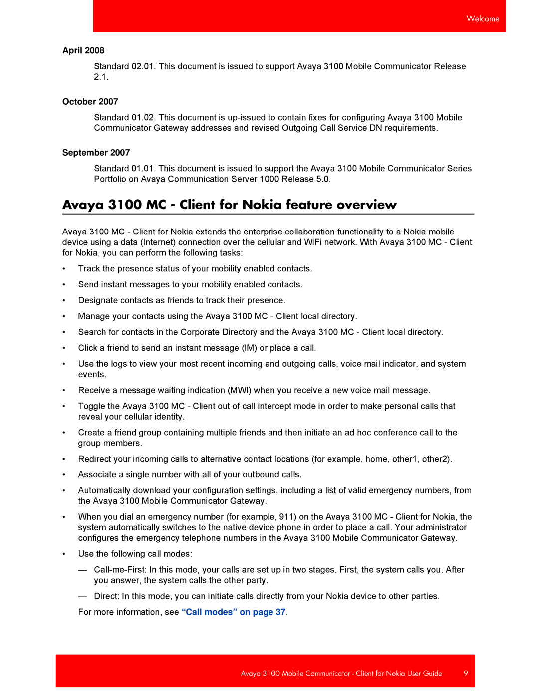 Avaya NN42030-102 manual Avaya 3100 MC Client for Nokia feature overview, April 