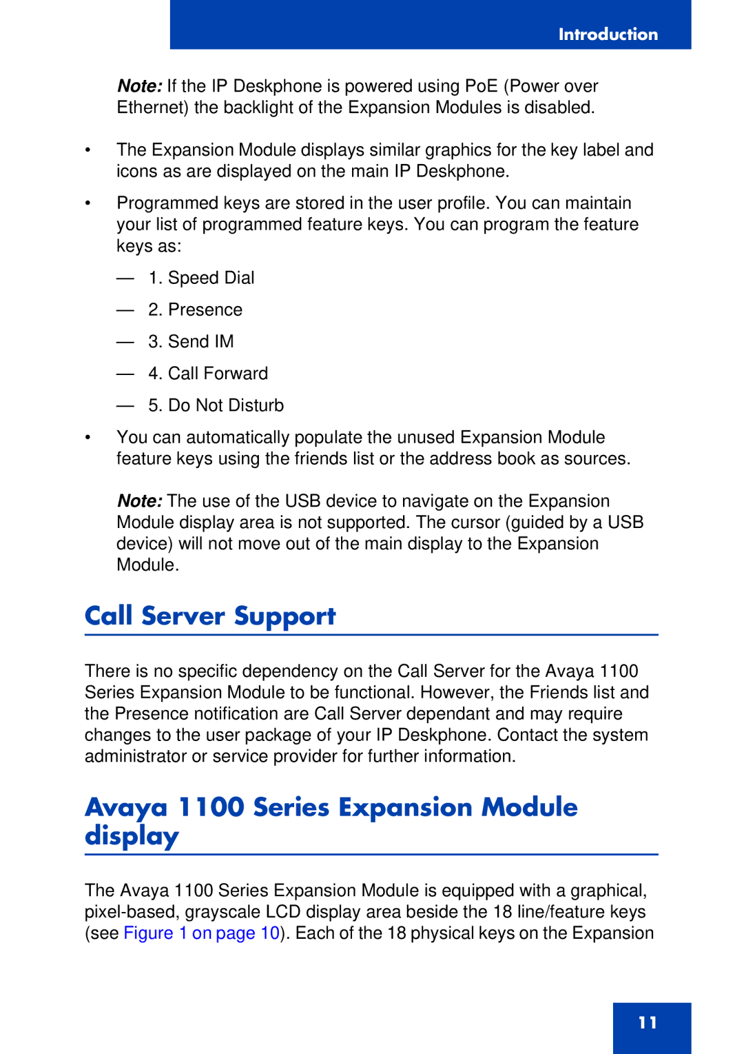 Avaya NN43110-301 manual Call Server Support, Avaya 1100 Series Expansion Module display 