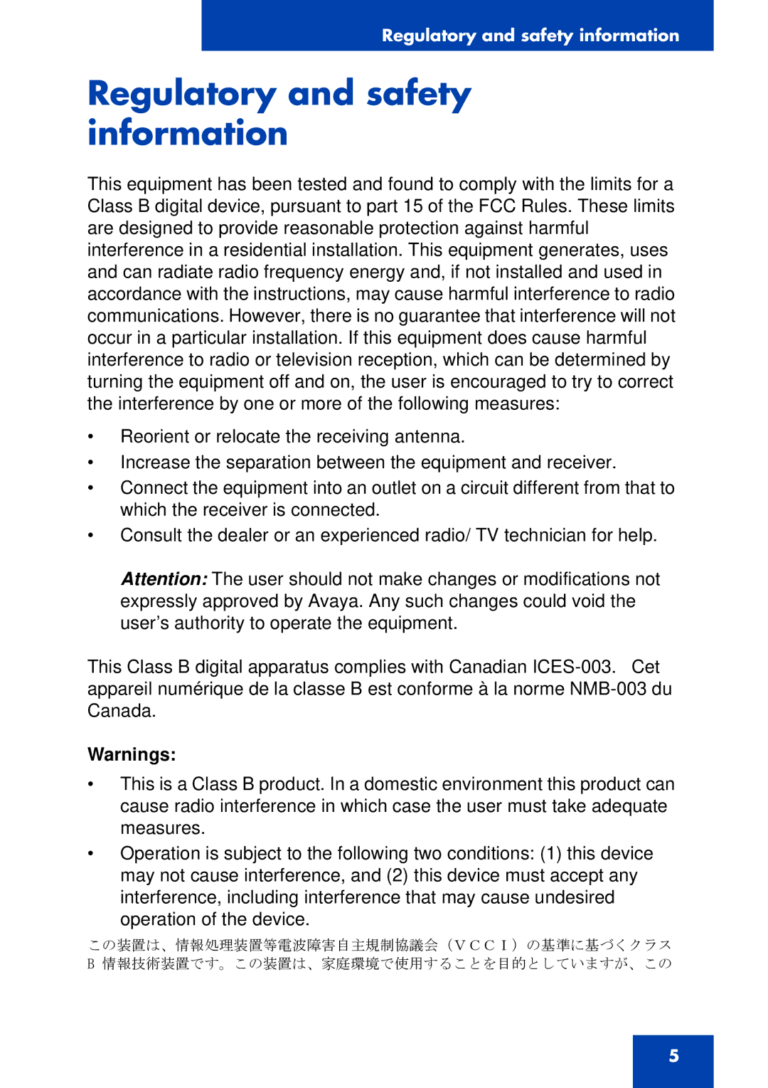 Avaya 1100 Series, NN43110-301 manual Regulatory and safety information 