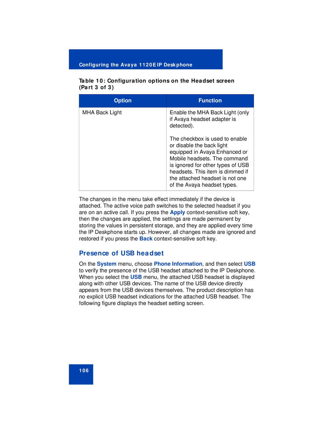 Avaya NN43112-101 manual Presence of USB headset, Configuration options on the Headset screen Part 3 