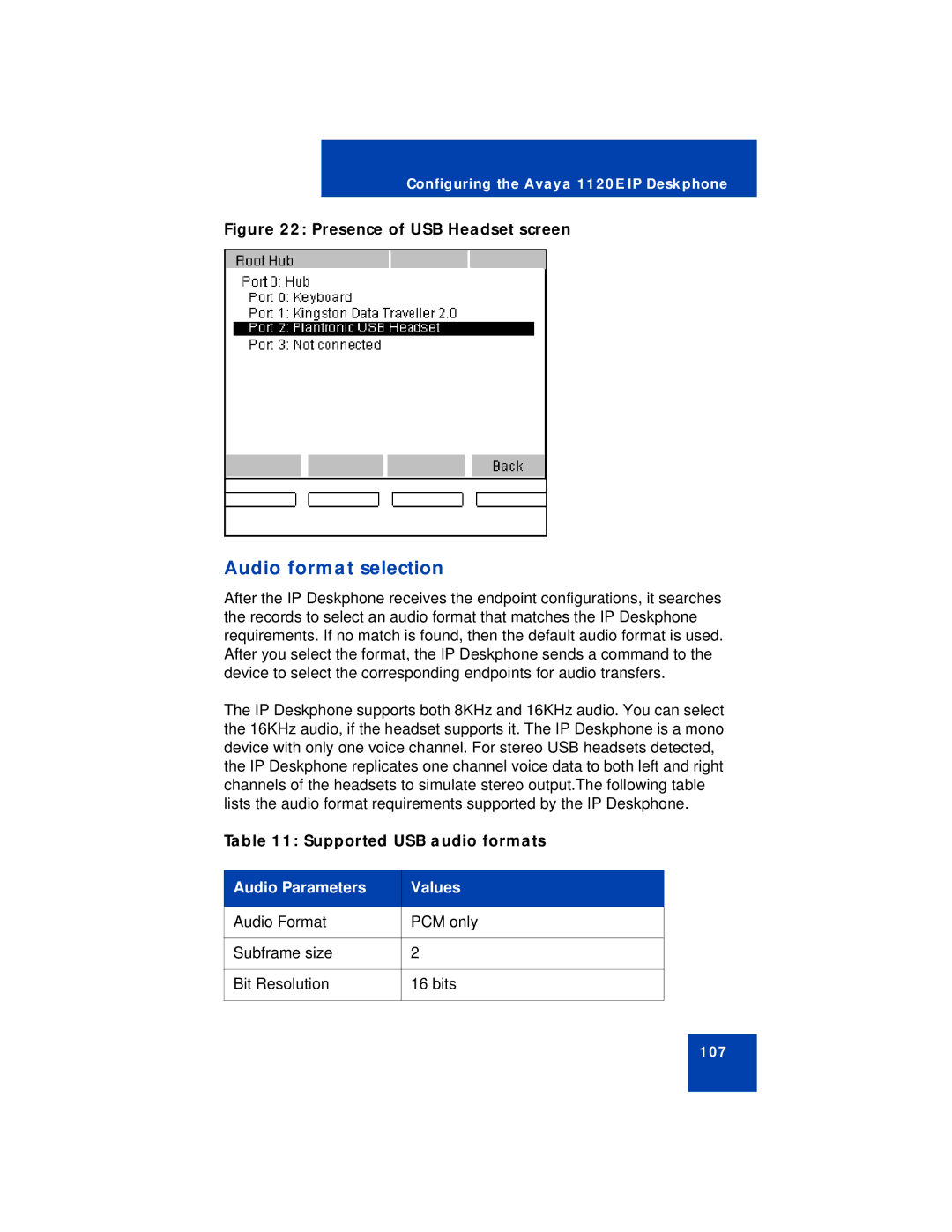 Avaya NN43112-101 manual Audio format selection, Supported USB audio formats, Audio Parameters Values 