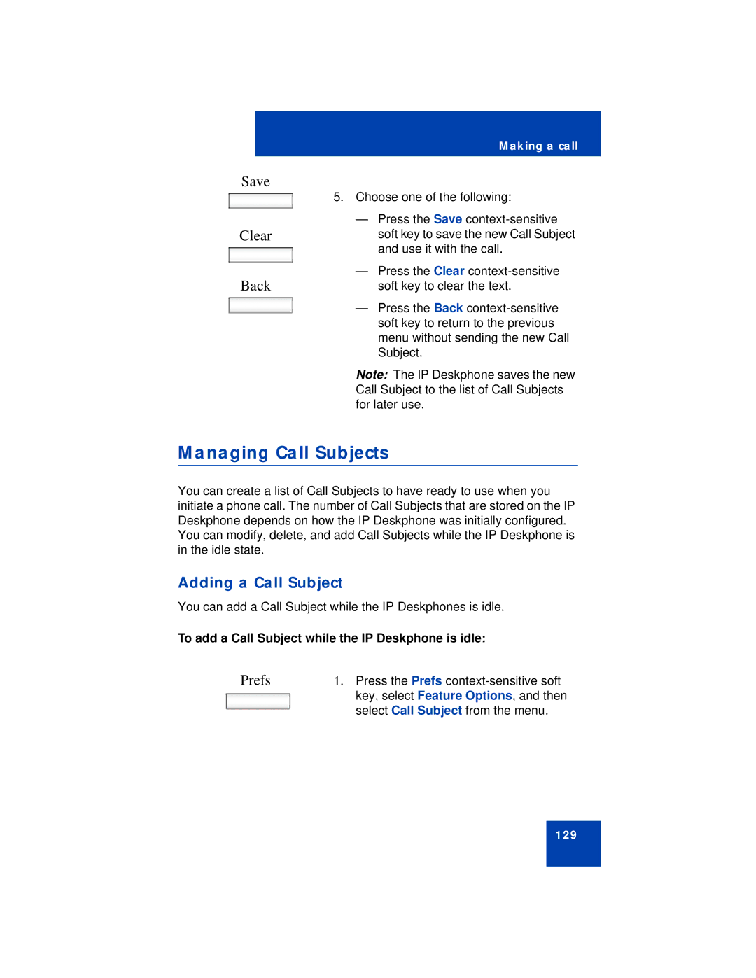 Avaya NN43112-101 manual Managing Call Subjects, Save Clear Back, Adding a Call Subject 