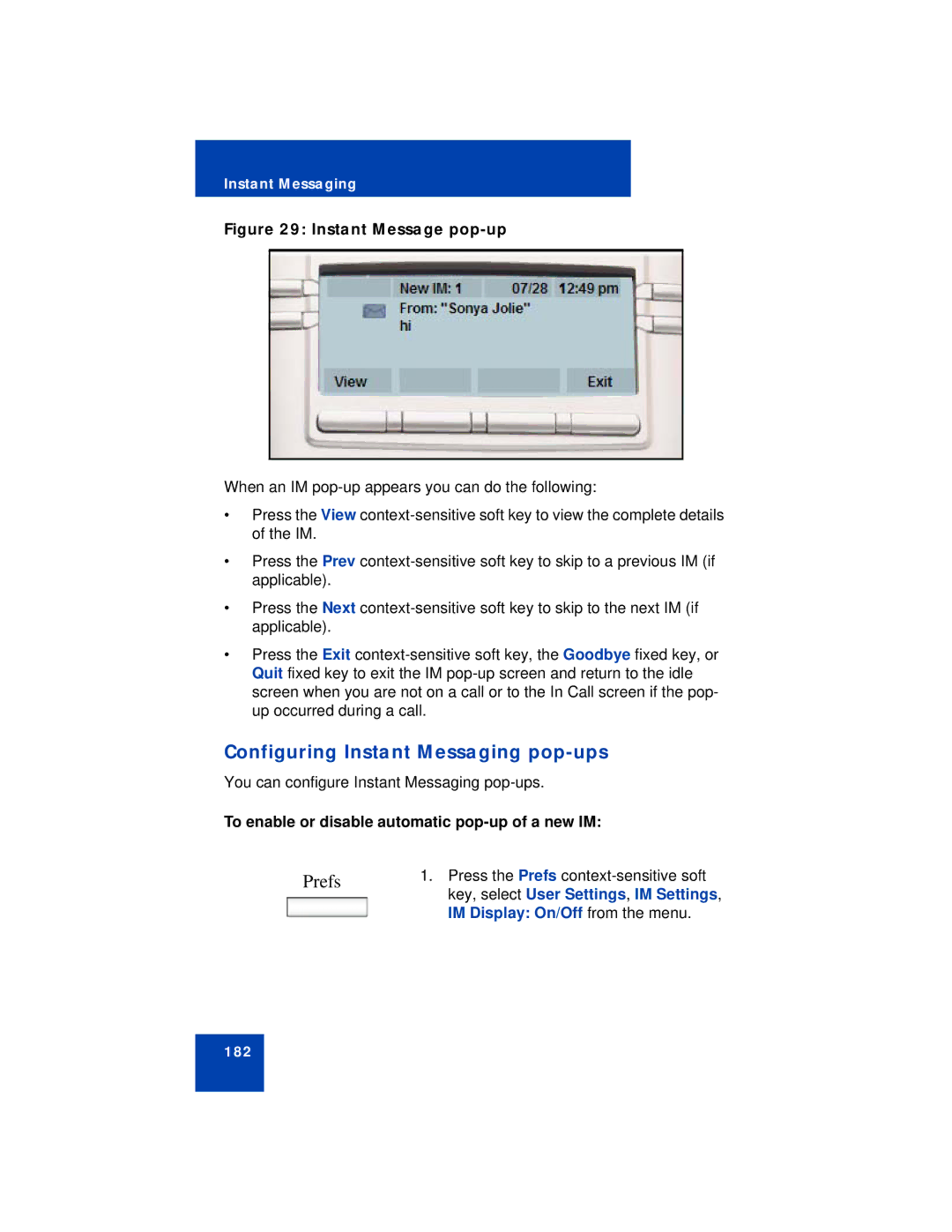 Avaya NN43112-101 manual Configuring Instant Messaging pop-ups, To enable or disable automatic pop-up of a new IM 