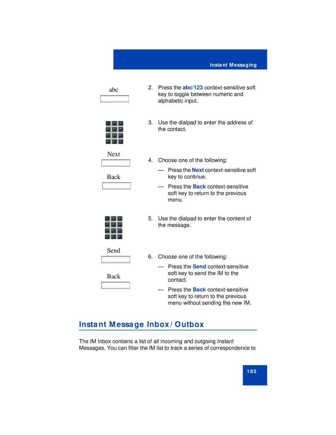 Avaya NN43112-101 manual Instant Message Inbox/Outbox, Abc Next Back Send 