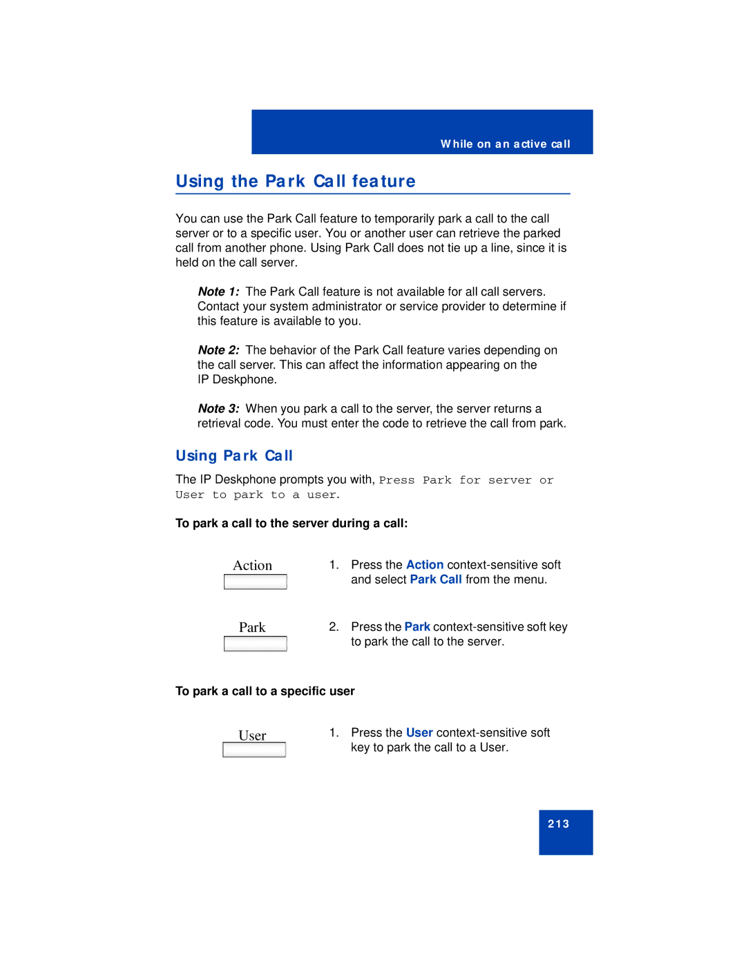 Avaya NN43112-101 manual Using the Park Call feature, Using Park Call, Action, User 