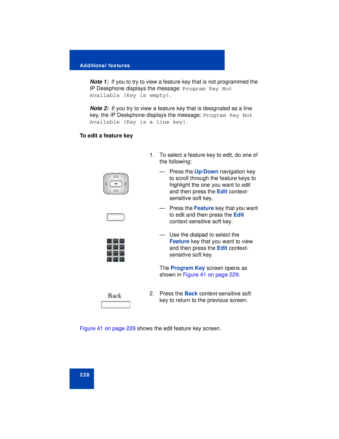 Avaya NN43112-101 manual To edit a feature key, On page 229 shows the edit feature key screen 