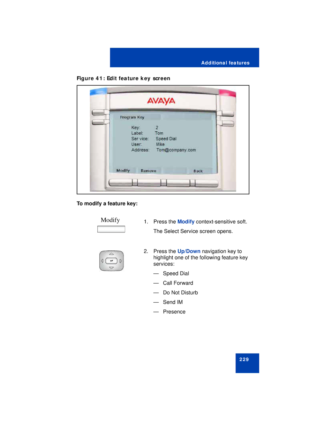 Avaya NN43112-101 manual Modify, Edit feature key screen To modify a feature key 