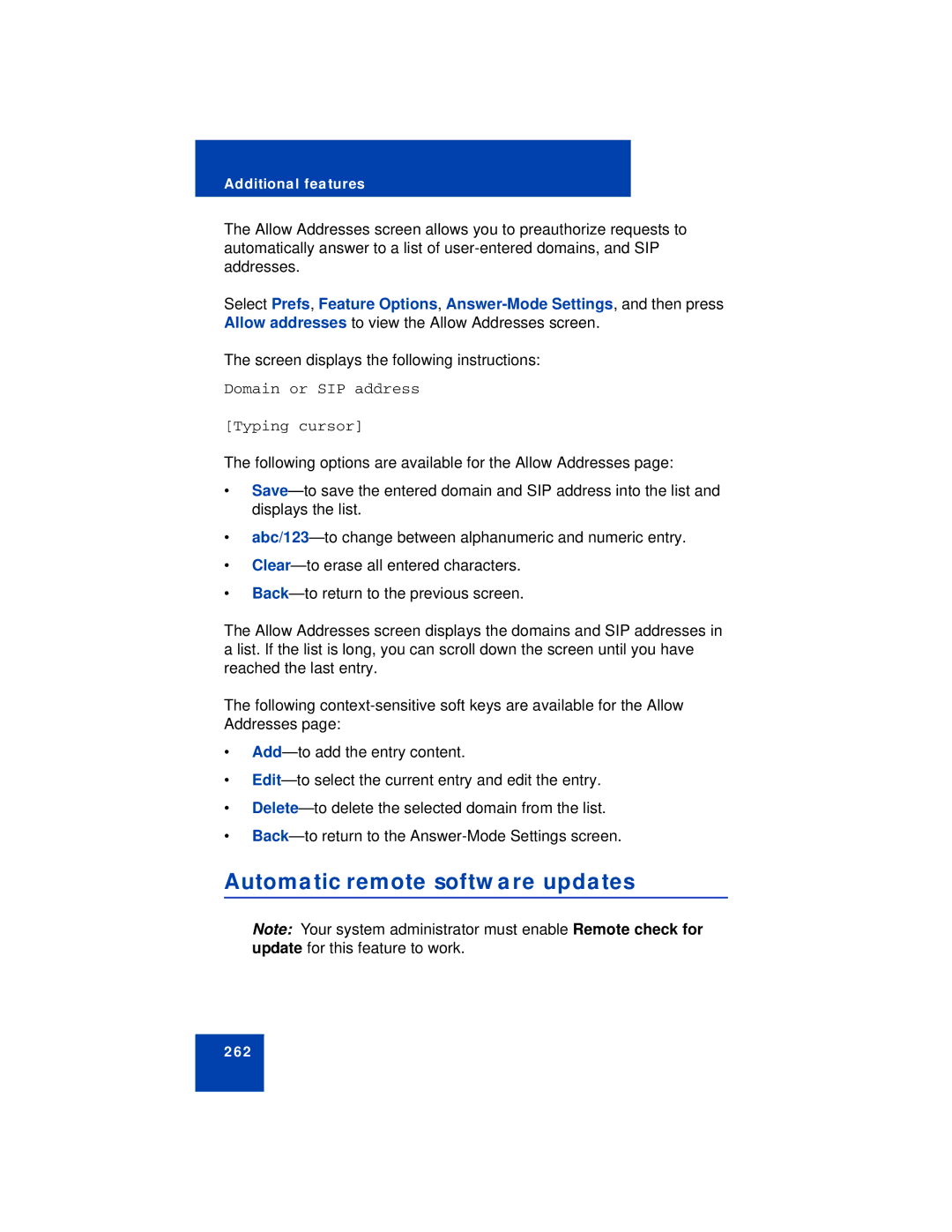 Avaya NN43112-101 manual Automatic remote software updates, Domain or SIP address Typing cursor 