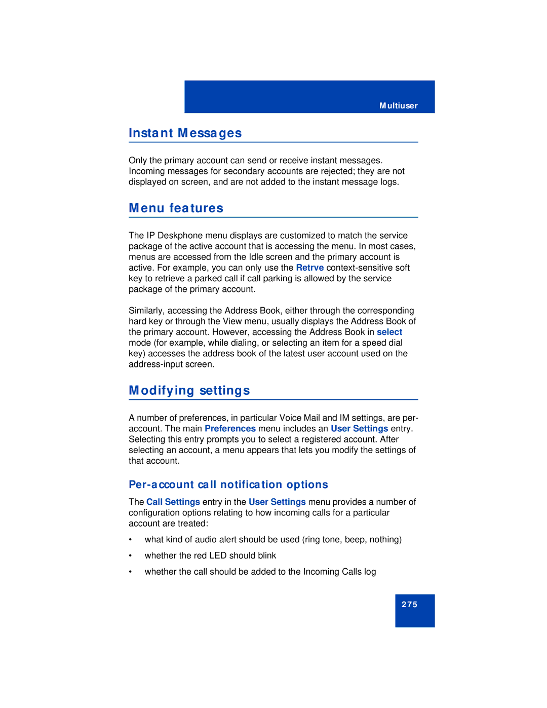 Avaya NN43112-101 manual Instant Messages, Menu features, Modifying settings, Per-account call notification options 