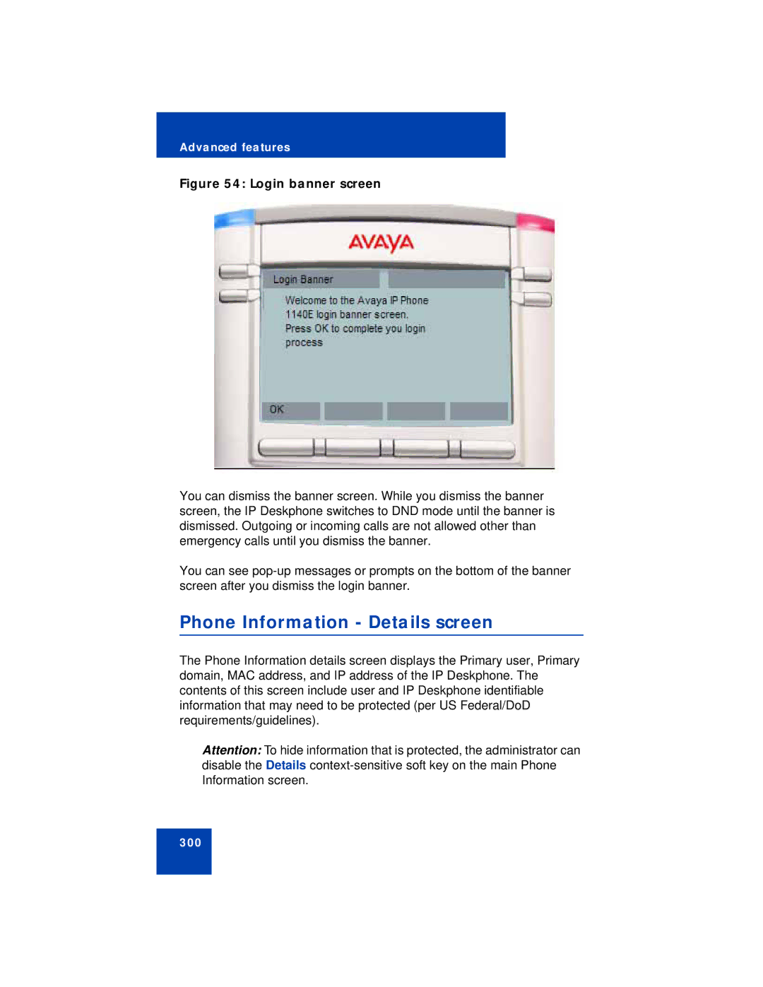 Avaya NN43112-101 manual Phone Information Details screen, Login banner screen 