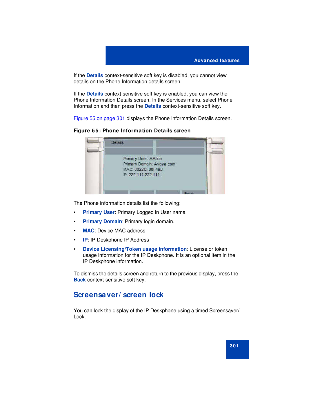 Avaya NN43112-101 manual Screensaver/screen lock, Phone Information Details screen 