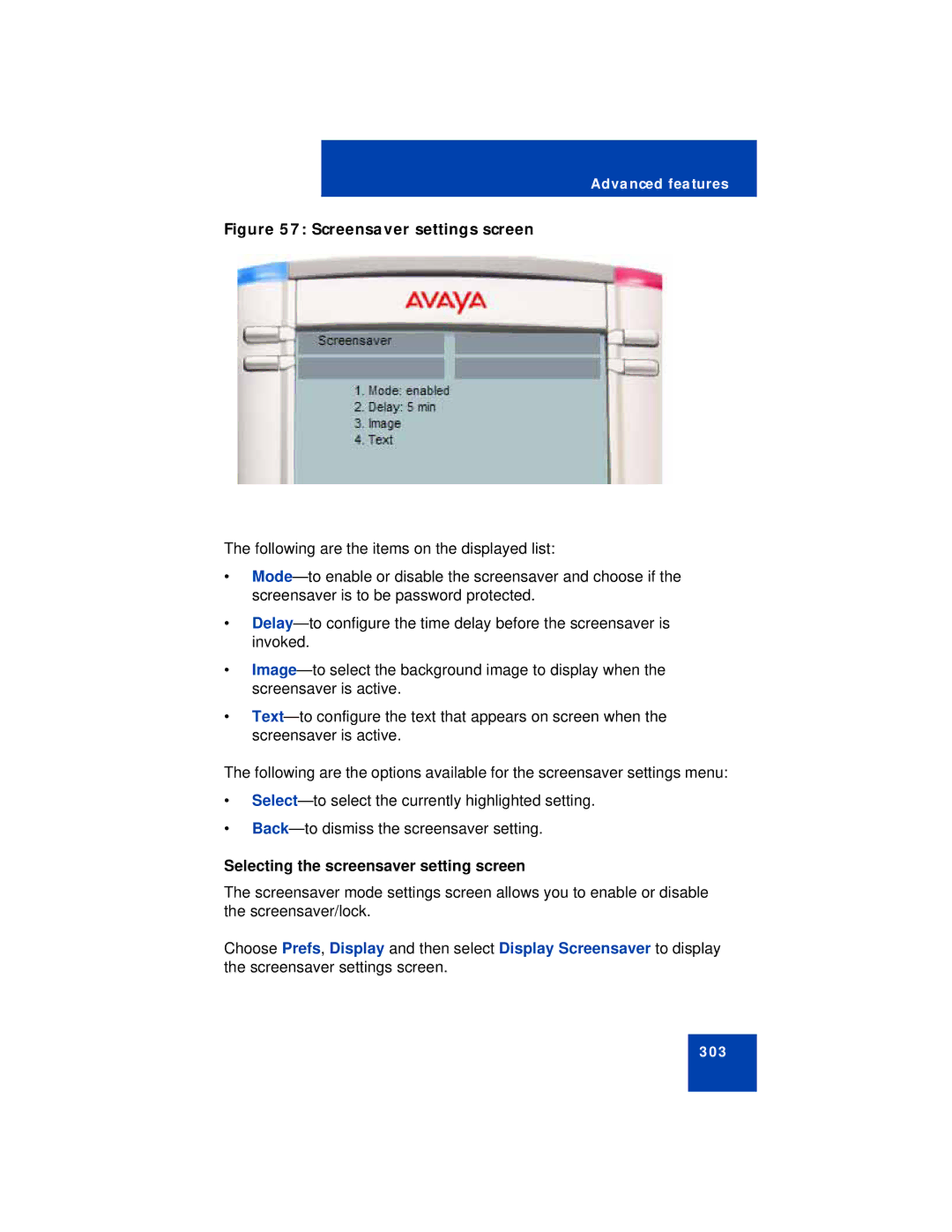 Avaya NN43112-101 manual Screensaver settings screen, Selecting the screensaver setting screen 