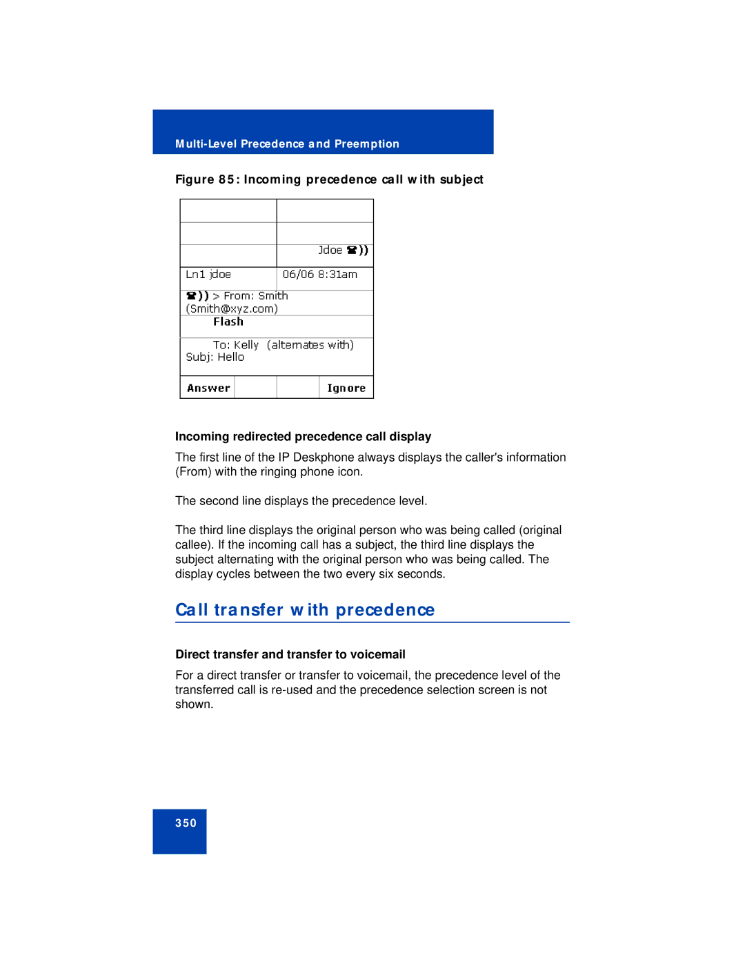 Avaya NN43112-101 manual Call transfer with precedence, Direct transfer and transfer to voicemail 