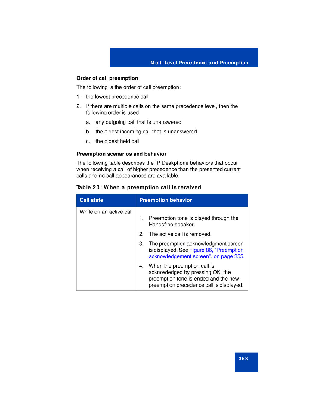 Avaya NN43112-101 manual Order of call preemption, Preemption scenarios and behavior, When a preemption call is received 