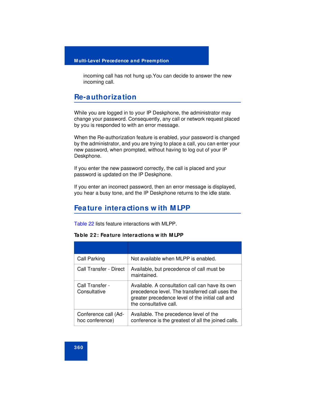 Avaya NN43112-101 manual Re-authorization, Feature interactions with Mlpp 