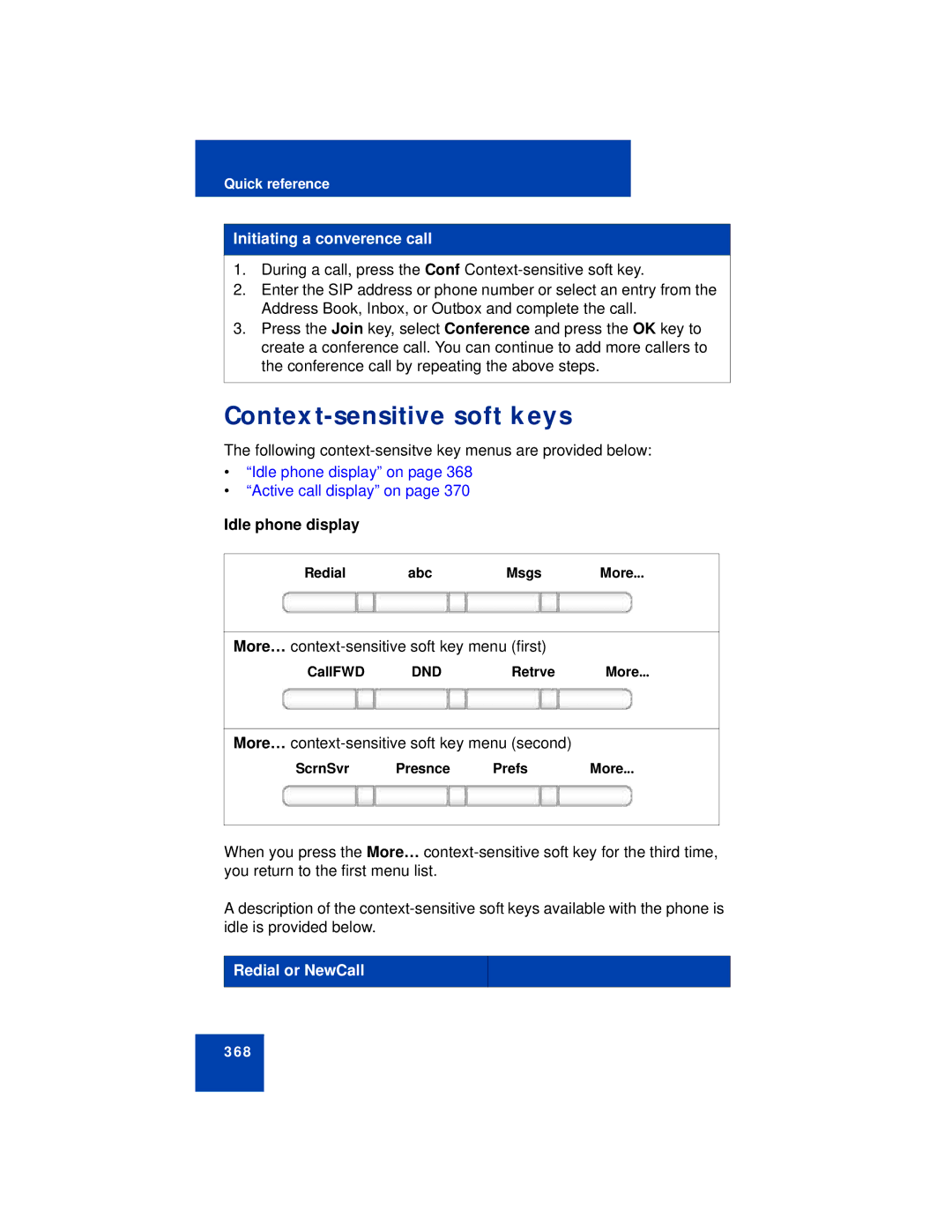 Avaya NN43112-101 manual Initiating a converence call, Idle phone display, Redial or NewCall 