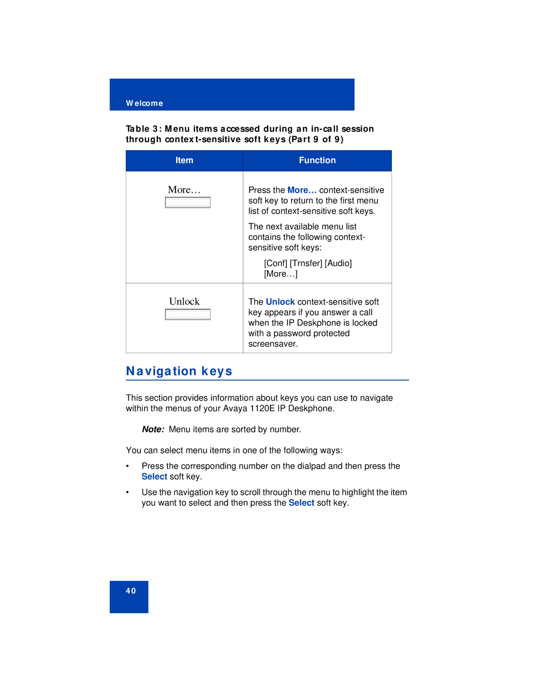 Avaya NN43112-101 manual Navigation keys, Unlock 