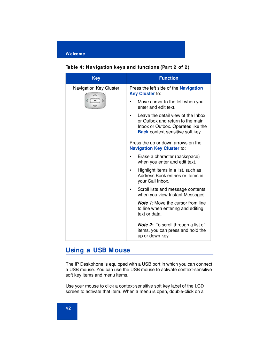 Avaya NN43112-101 manual Using a USB Mouse, Navigation keys and functions Part 2 