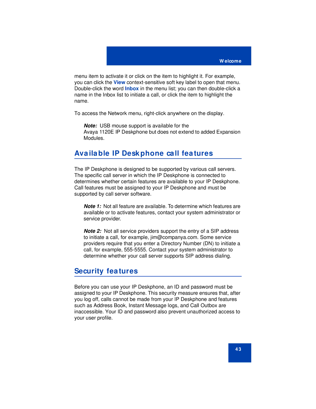 Avaya NN43112-101 manual Available IP Deskphone call features, Security features 