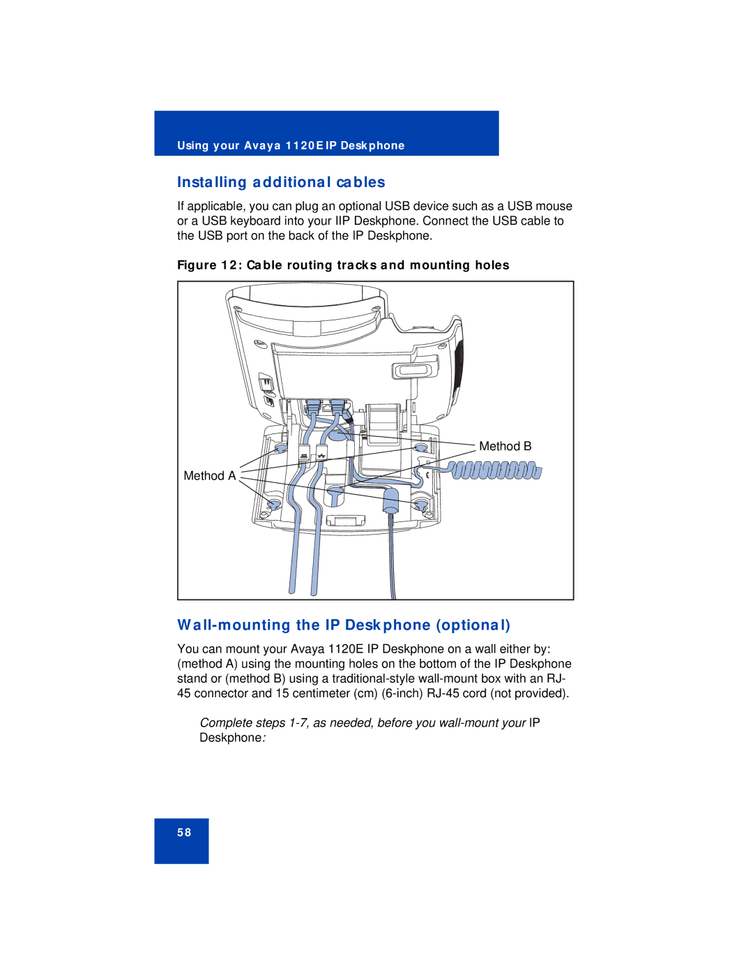 Avaya NN43112-101 manual Installing additional cables, Wall-mounting the IP Deskphone optional 