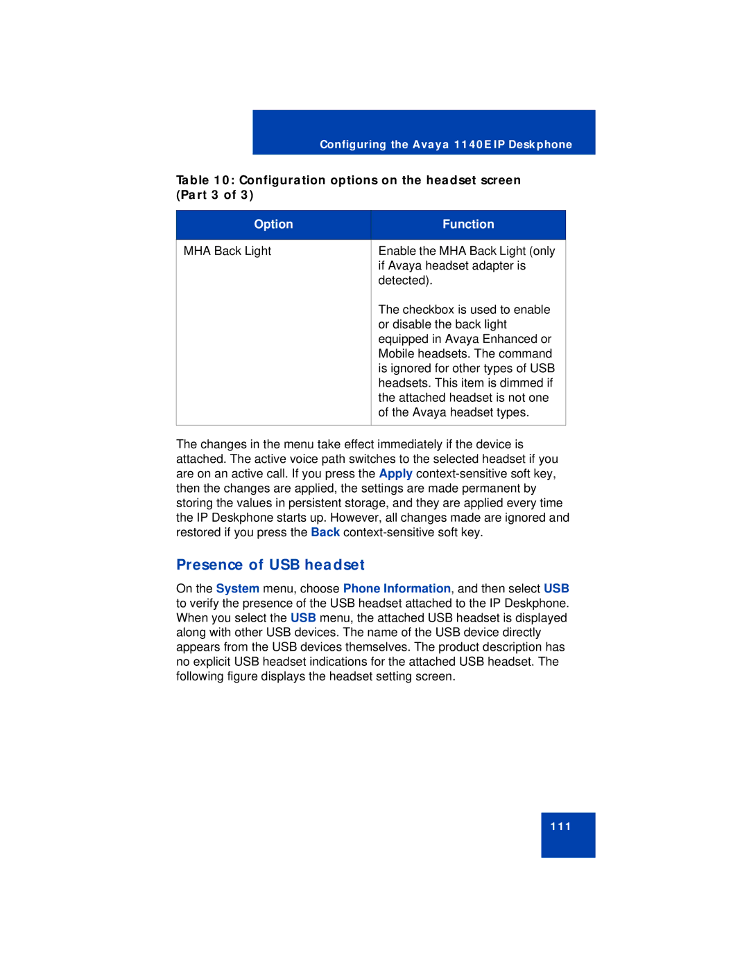 Avaya NN43113-101 manual Presence of USB headset, Configuration options on the headset screen Part 3 