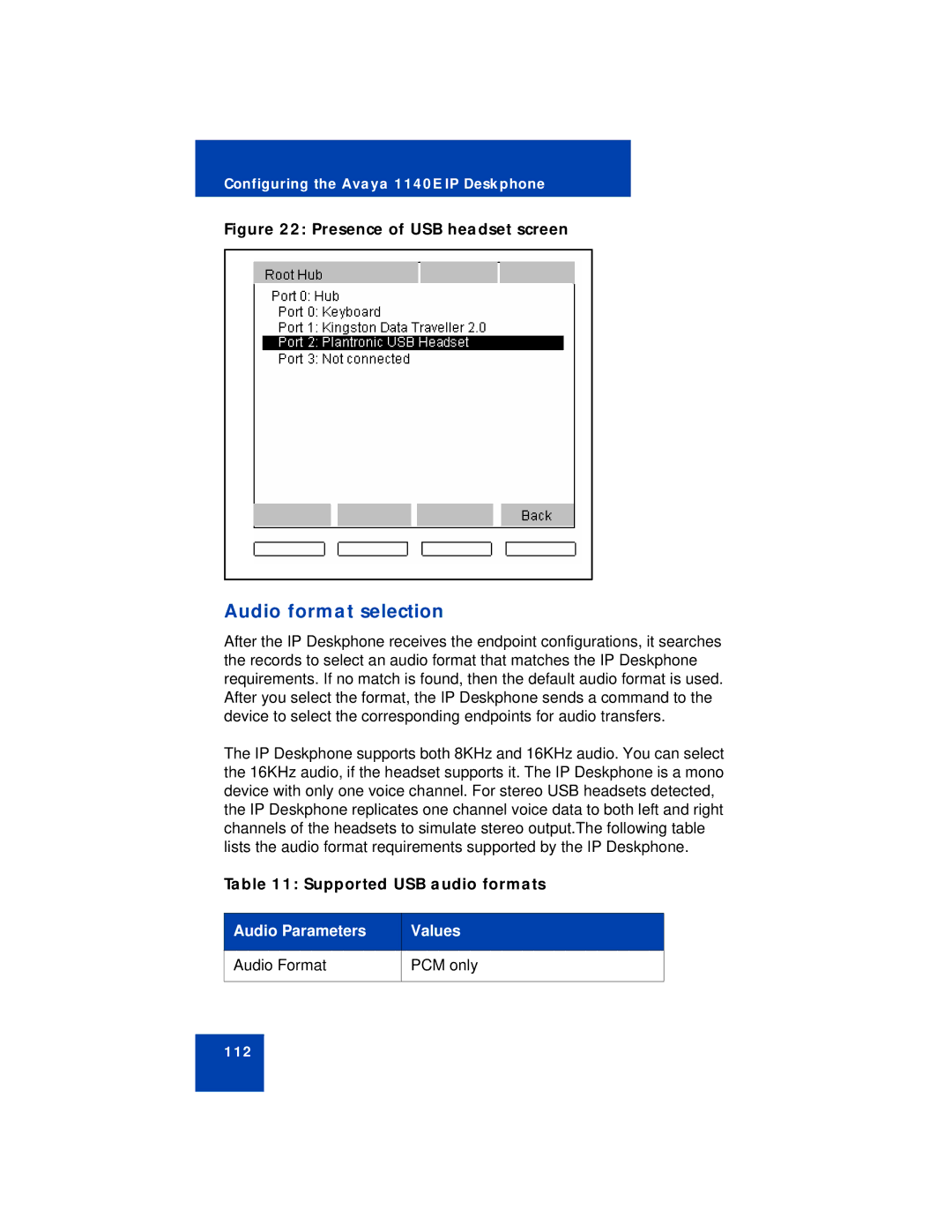 Avaya NN43113-101 manual Audio format selection, Supported USB audio formats, Audio Parameters Values Audio Format PCM only 