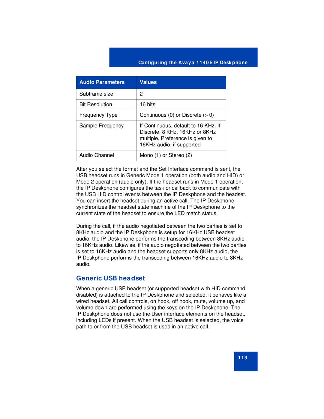 Avaya NN43113-101 manual Generic USB headset, Audio Parameters Values 