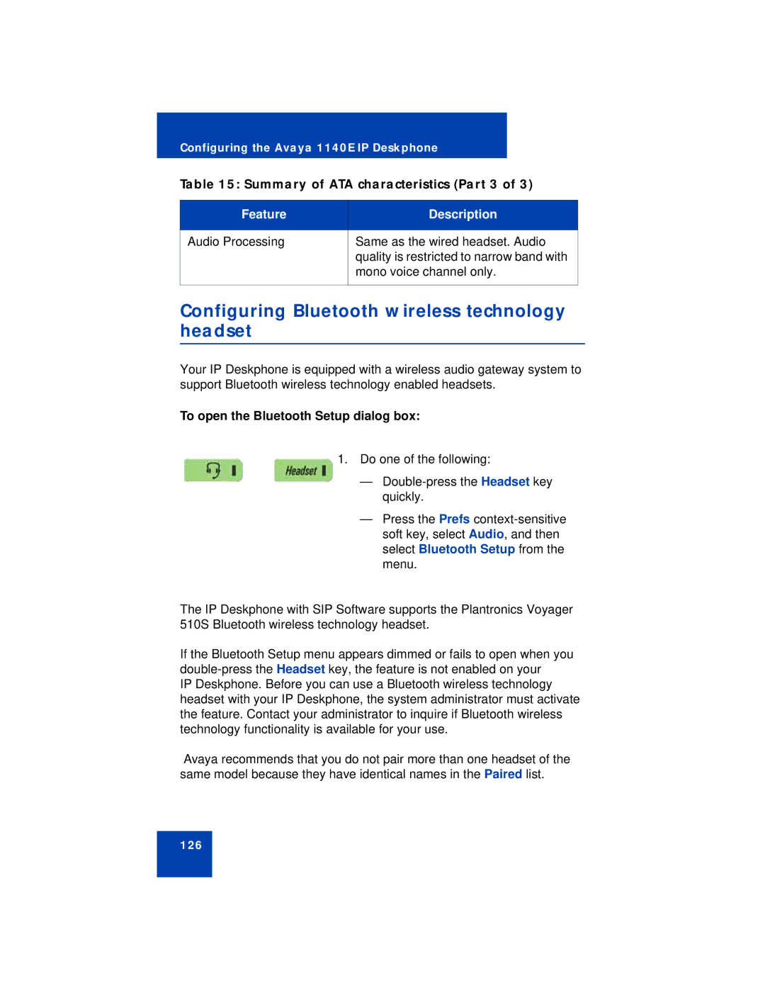 Avaya NN43113-101 manual Configuring Bluetooth wireless technology headset, Summary of ATA characteristics Part 3 