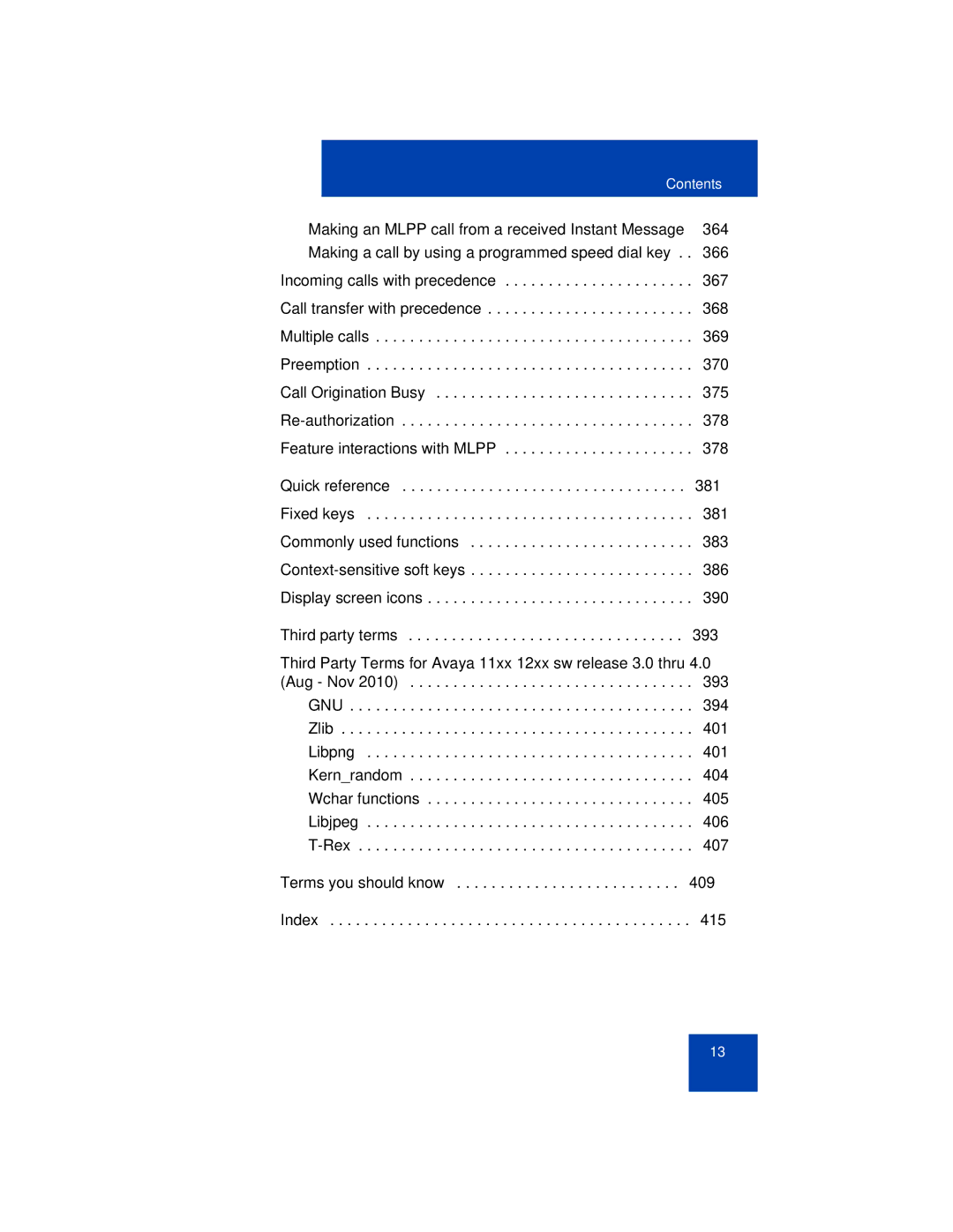 Avaya NN43113-101 manual 381, Third party terms, 409, 415 