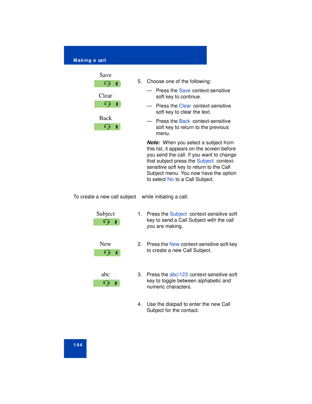 Avaya NN43113-101 manual Save, Clear Back, Subject, To create a new call subject while initiating a call 