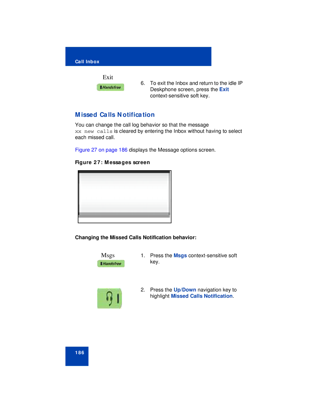 Avaya NN43113-101 manual Missed Calls Notification, On page 186 displays the Message options screen 