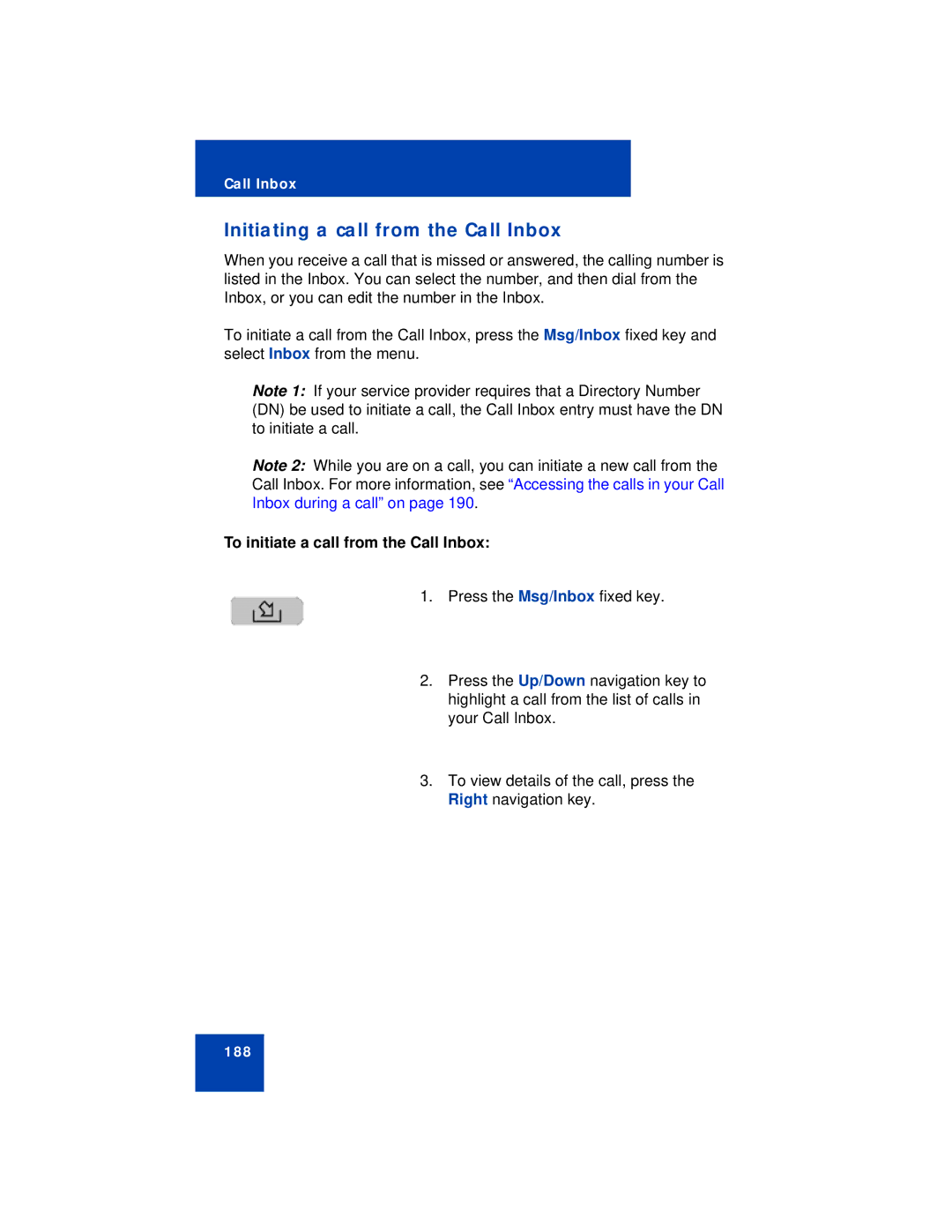 Avaya NN43113-101 manual Initiating a call from the Call Inbox, To initiate a call from the Call Inbox 