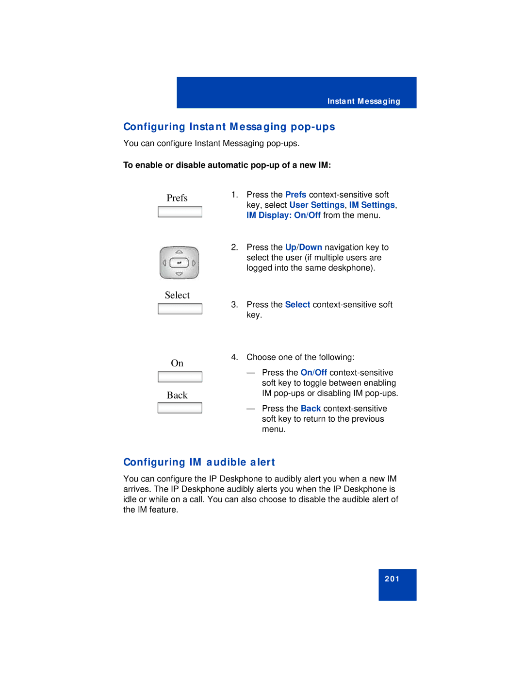 Avaya NN43113-101 manual Configuring Instant Messaging pop-ups, Prefs Select Back, Configuring IM audible alert 